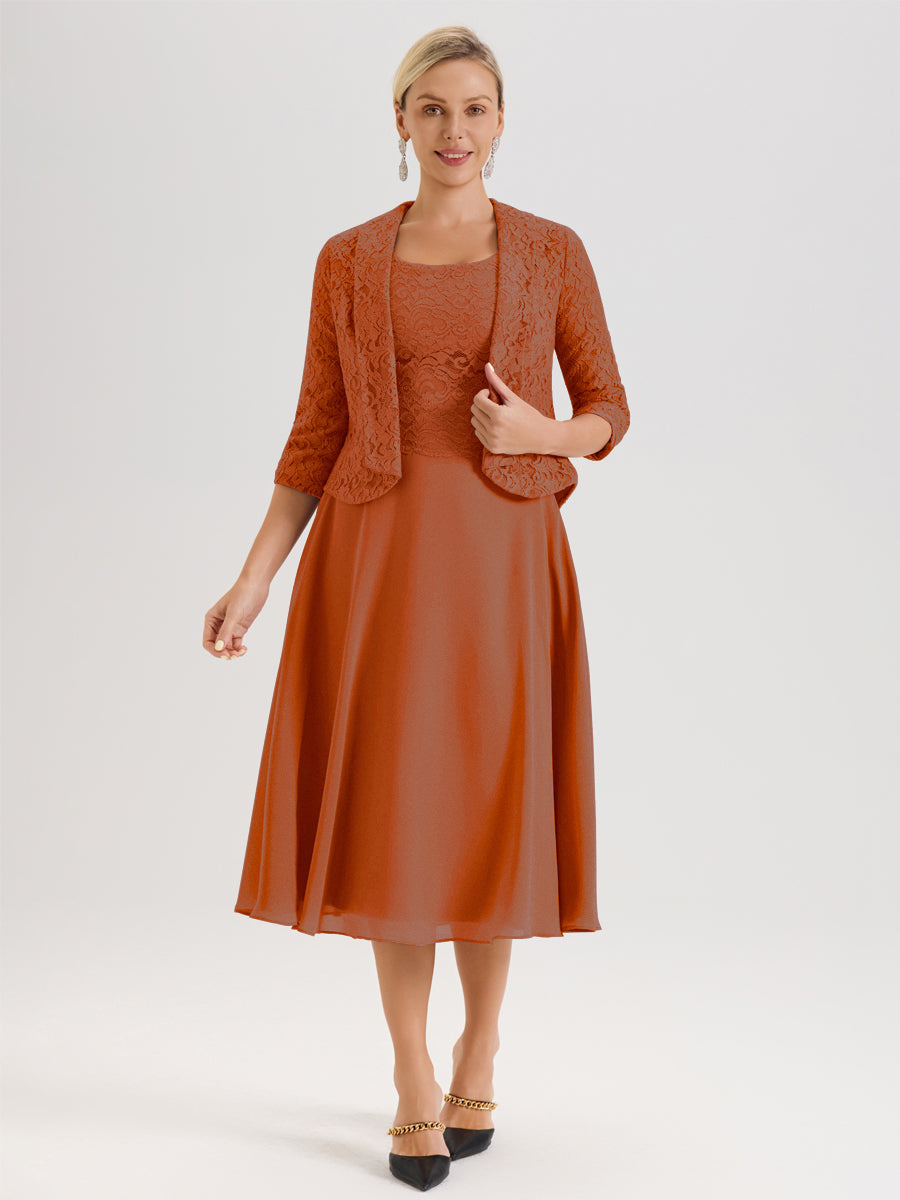 Cicinia Orange Brûlé Ensemble 2 Pièces Pour Mère De La Mariée Mi-Long À Col Carré En Mousseline Et Dentelle