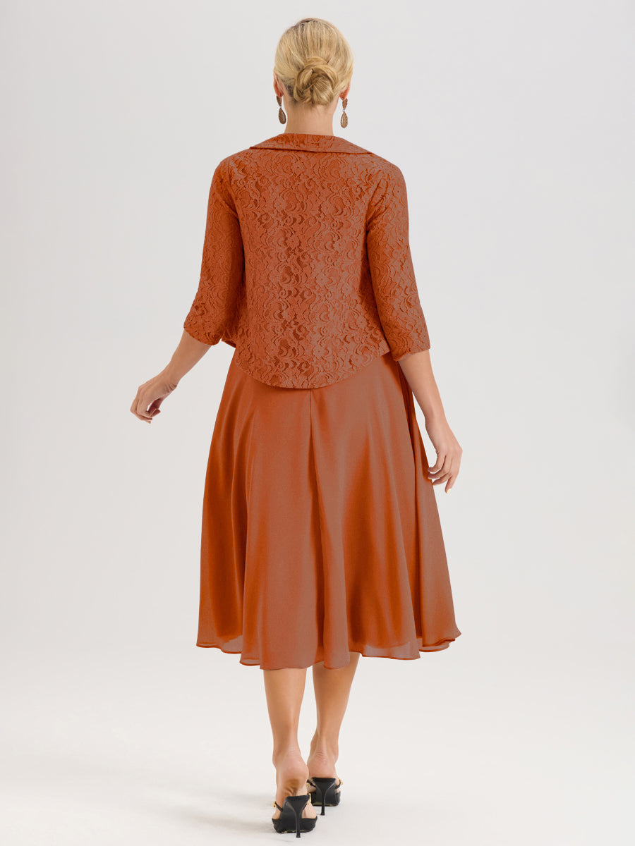 Cicinia Orange Brûlé Ensemble 2 Pièces Pour Mère De La Mariée Mi-Long À Col Carré En Mousseline Et Dentelle