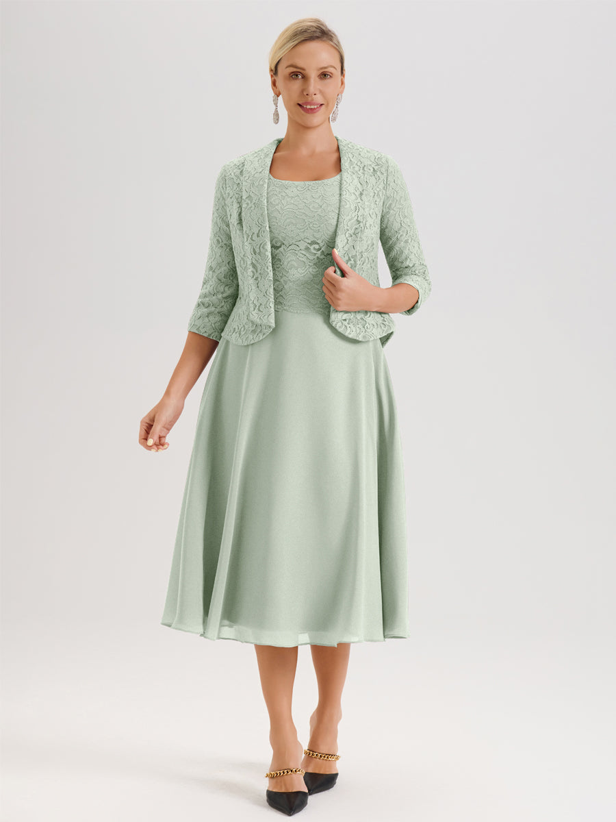 Cicinia Celadon Ensemble 2 Pièces Pour Mère De La Mariée Mi-Long À Col Carré En Mousseline Et Dentelle