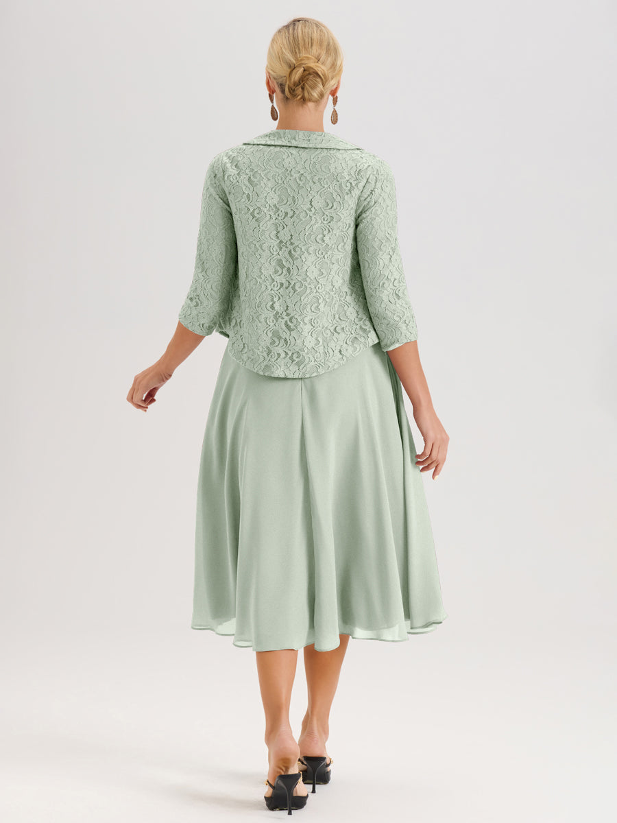 Cicinia Celadon Ensemble 2 Pièces Pour Mère De La Mariée Mi-Long À Col Carré En Mousseline Et Dentelle