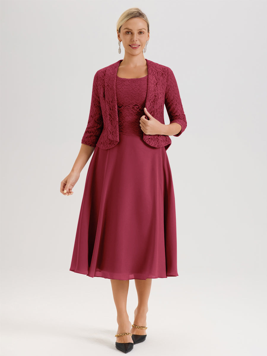 Cicinia Rose Cannelle Ensemble 2 Pièces Pour Mère De La Mariée Mi-Long À Col Carré En Mousseline Et Dentelle