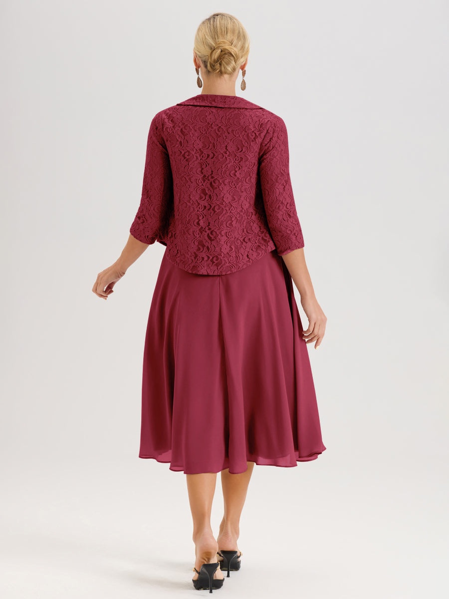 Cicinia Rose Cannelle Ensemble 2 Pièces Pour Mère De La Mariée Mi-Long À Col Carré En Mousseline Et Dentelle