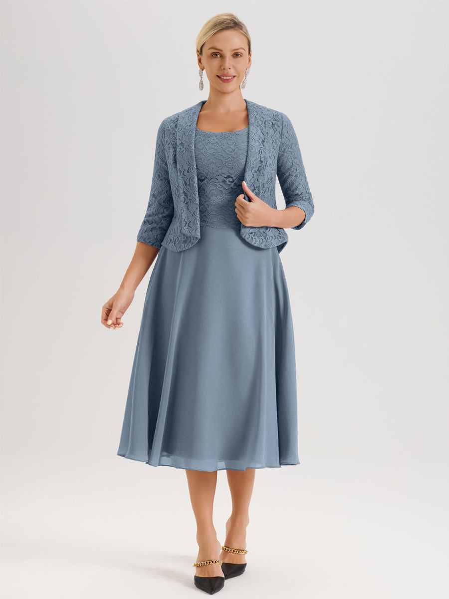 Cicinia Bleu Poudré Ensemble 2 Pièces Pour Mère De La Mariée Mi-Long À Col Carré En Mousseline Et Dentelle