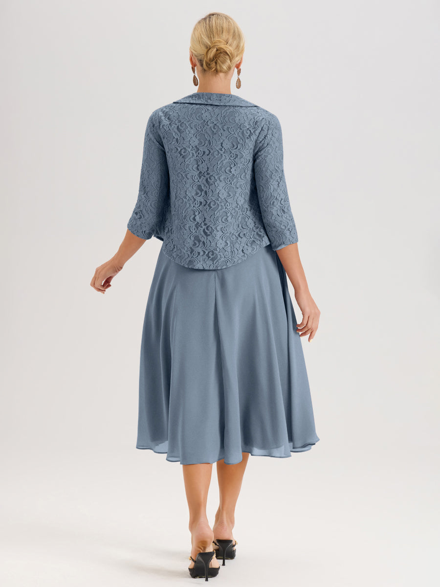 Cicinia Bleu Poudré Ensemble 2 Pièces Pour Mère De La Mariée Mi-Long À Col Carré En Mousseline Et Dentelle