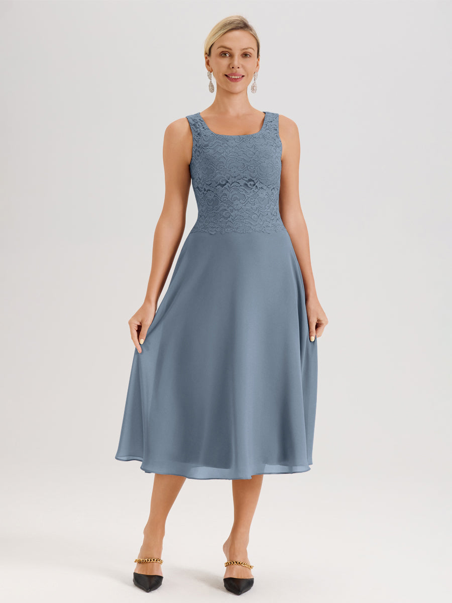 Cicinia Bleu Poudré Ensemble 2 Pièces Pour Mère De La Mariée Mi-Long À Col Carré En Mousseline Et Dentelle