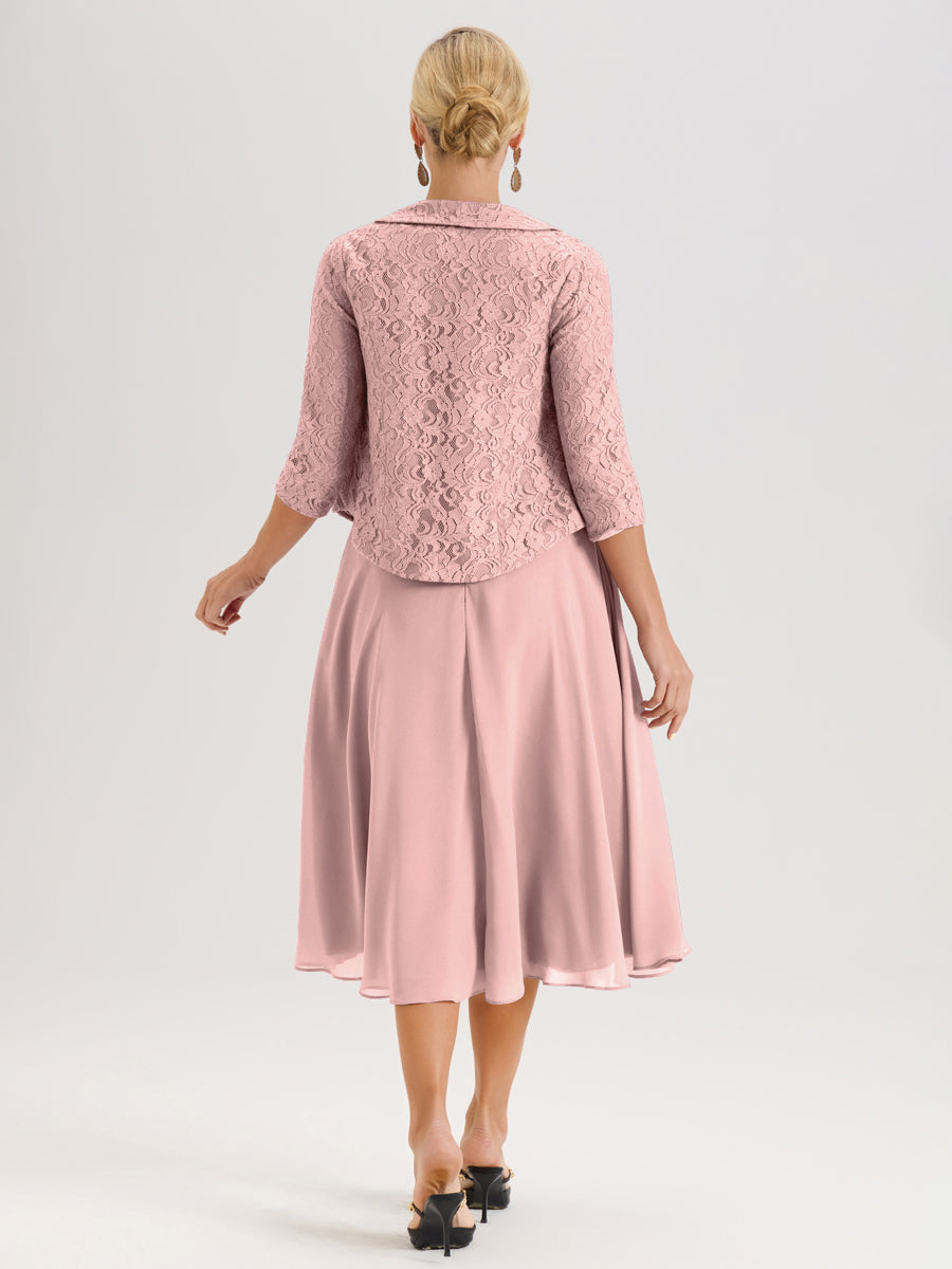 Cicinia Rose Poudré Ensemble 2 Pièces Pour Mère De La Mariée Mi-Long À Col Carré En Mousseline Et Dentelle