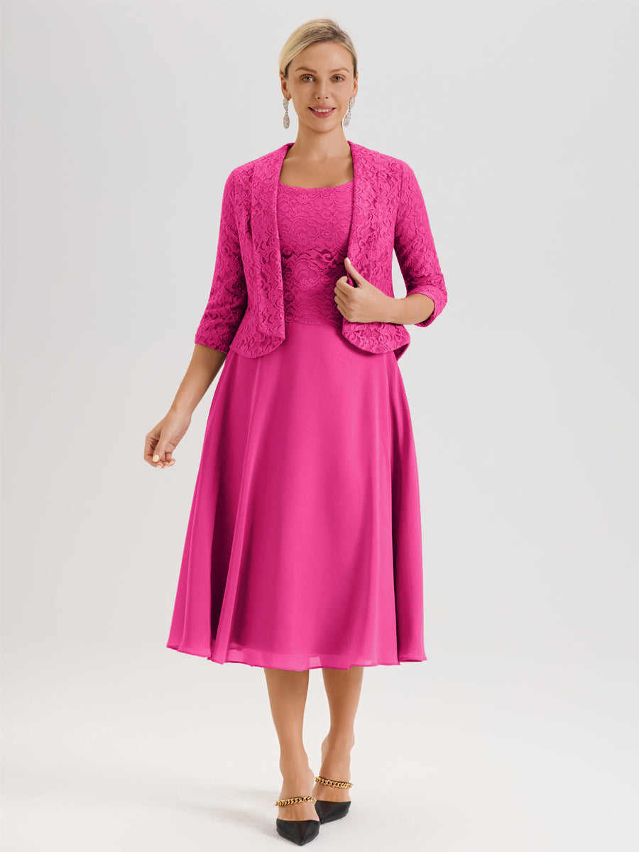 Cicinia Fuchsia Ensemble 2 Pièces Pour Mère De La Mariée Mi-Long À Col Carré En Mousseline Et Dentelle
