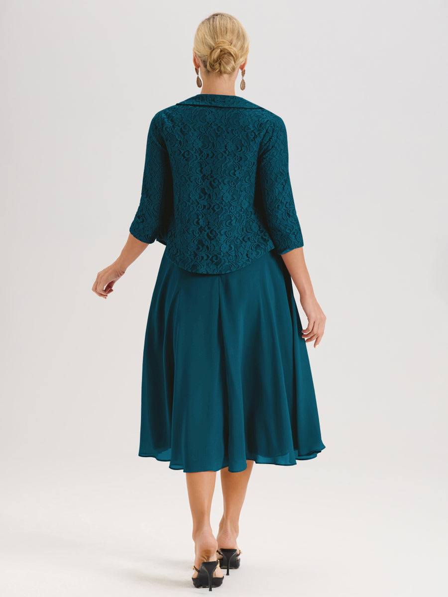 Cicinia Bleu Encre Ensemble 2 Pièces Pour Mère De La Mariée Mi-Long À Col Carré En Mousseline Et Dentelle