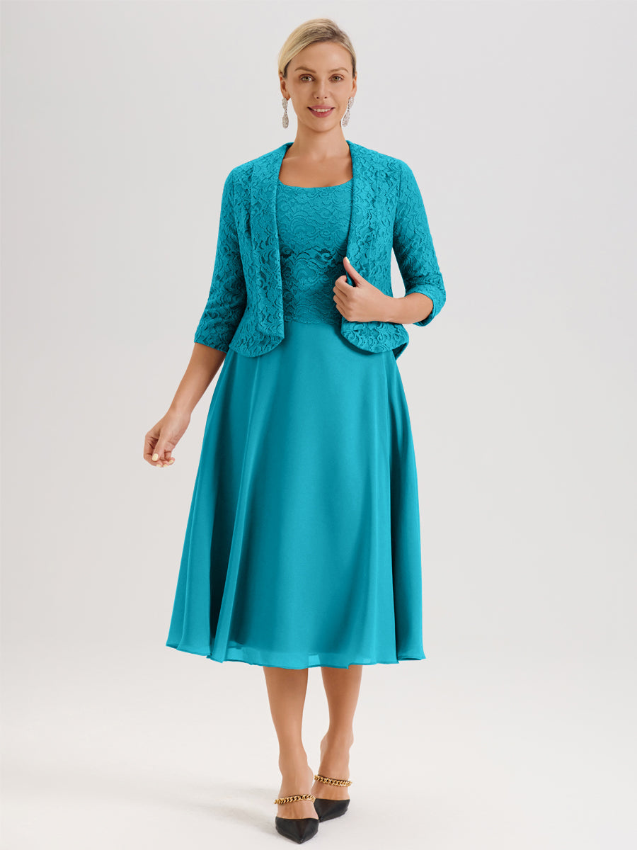 Cicinia Jade Ensemble 2 Pièces Pour Mère De La Mariée Mi-Long À Col Carré En Mousseline Et Dentelle