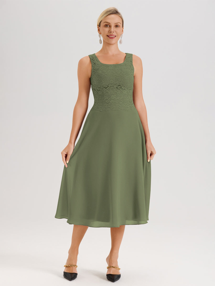 Cicinia Vert Olive Ensemble 2 Pièces Pour Mère De La Mariée Mi-Long À Col Carré En Mousseline Et Dentelle