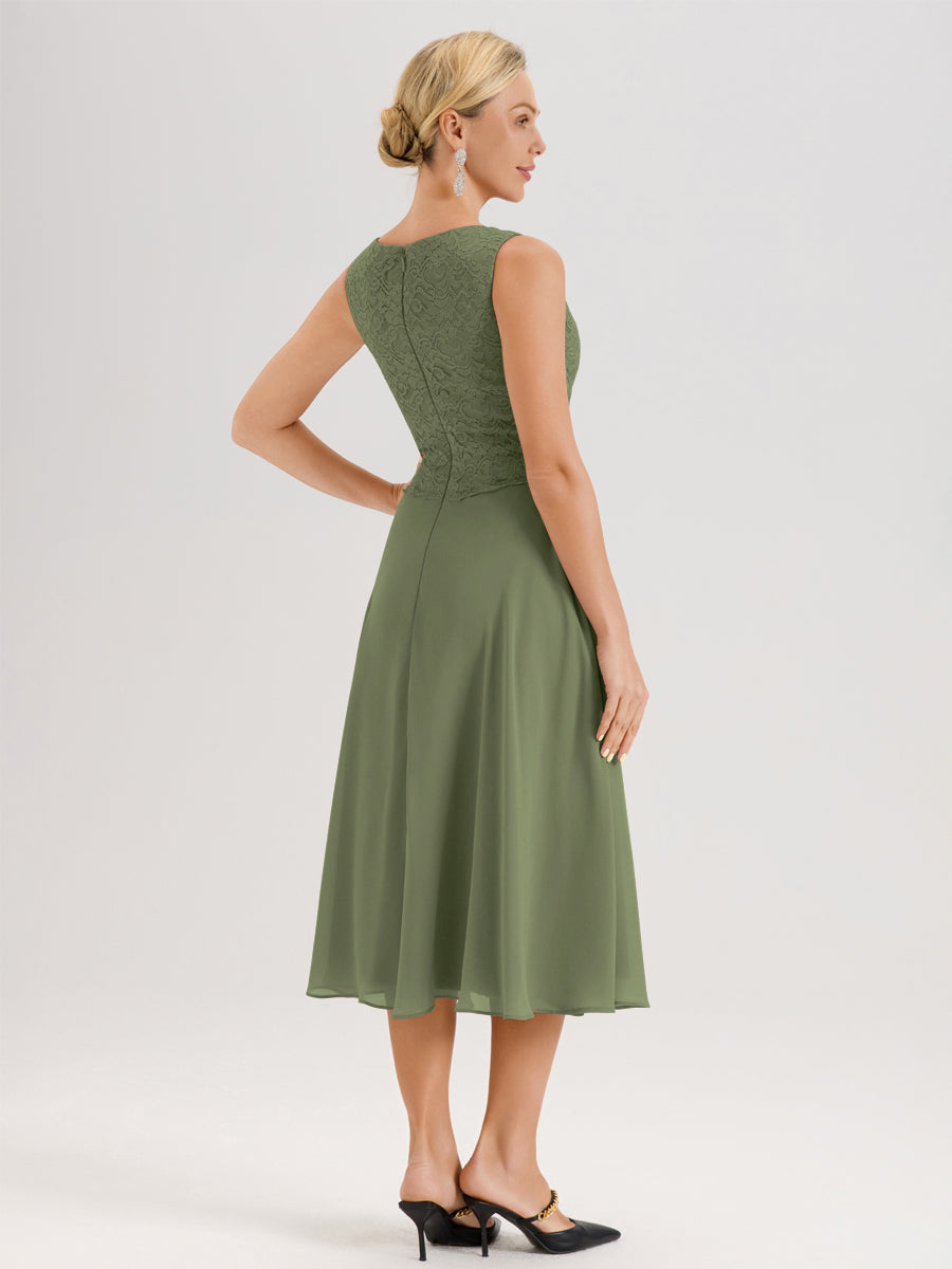 Cicinia Vert Olive Ensemble 2 Pièces Pour Mère De La Mariée Mi-Long À Col Carré En Mousseline Et Dentelle