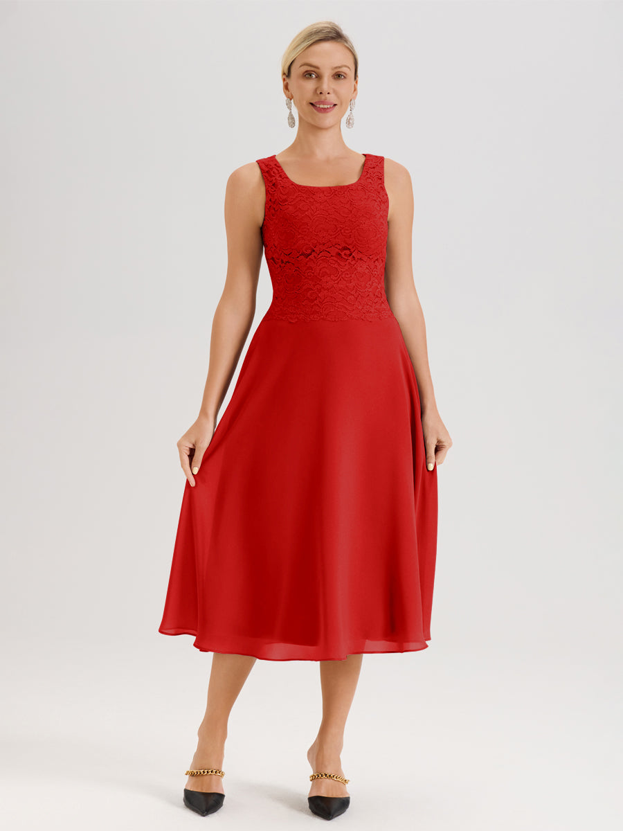 Cicinia Rouge Ensemble 2 Pièces Pour Mère De La Mariée Mi-Long À Col Carré En Mousseline Et Dentelle