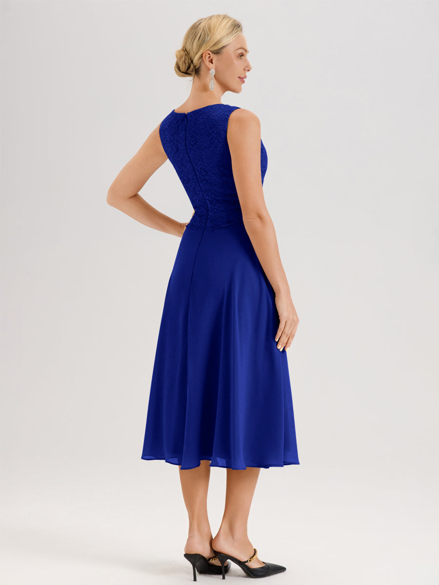 Cicinia Bleu Royale Ensemble 2 Pièces Pour Mère De La Mariée Mi-Long À Col Carré En Mousseline Et Dentelle