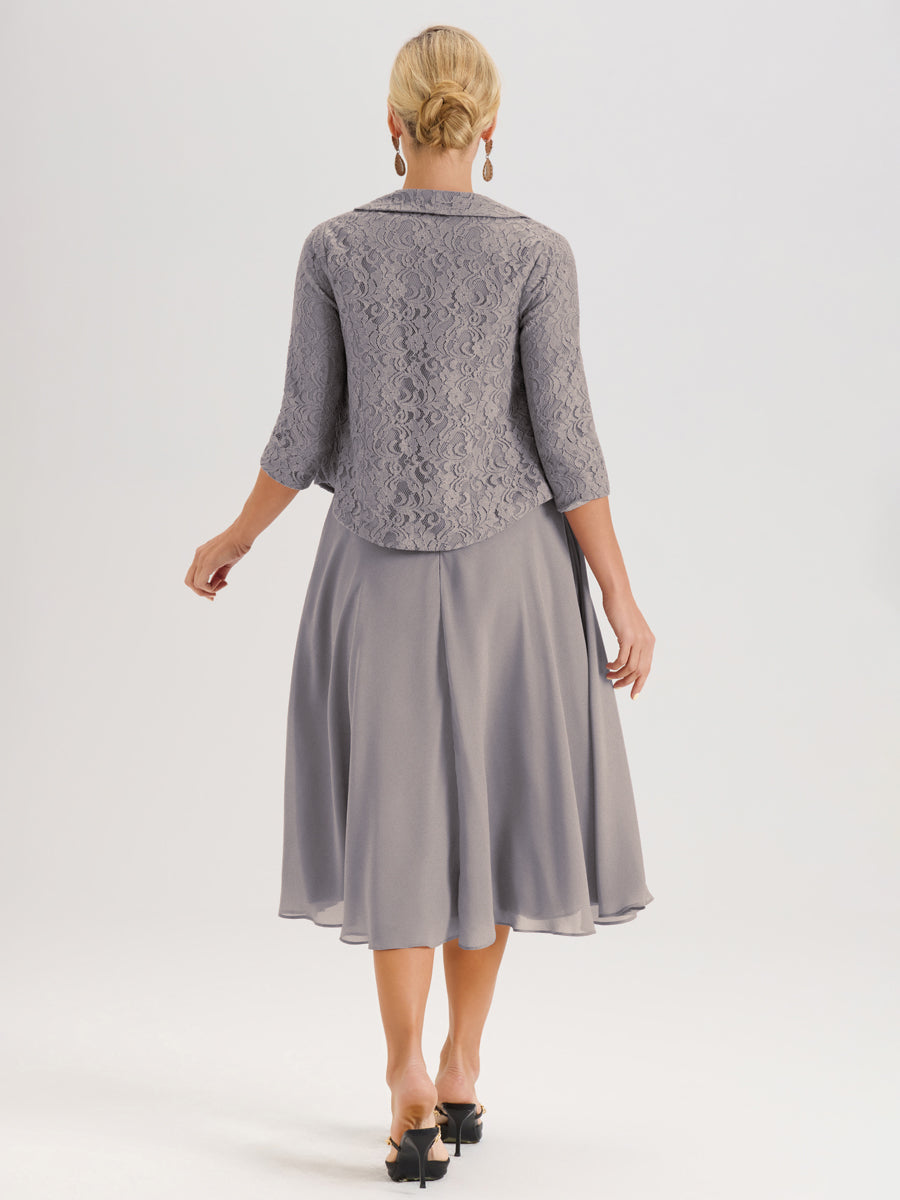 Cicinia Argent Ensemble 2 Pièces Pour Mère De La Mariée Mi-Long À Col Carré En Mousseline Et Dentelle