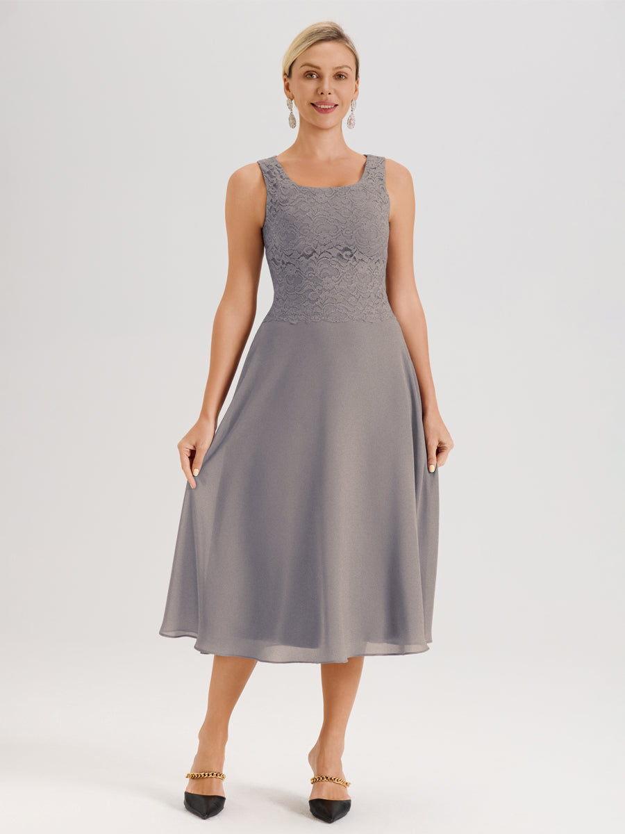 Cicinia Argent Ensemble 2 Pièces Pour Mère De La Mariée Mi-Long À Col Carré En Mousseline Et Dentelle