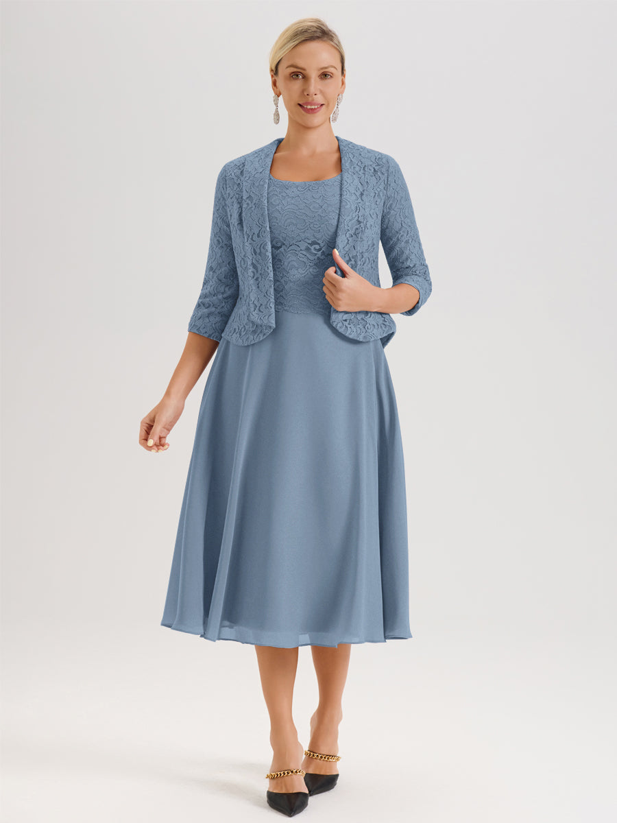 Cicinia Bleu De Schiste Ensemble 2 Pièces Pour Mère De La Mariée Mi-Long À Col Carré En Mousseline Et Dentelle