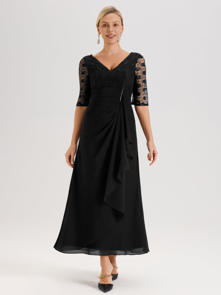 Cicinia Noir Robe De Mère De La Mariée Longue Ligne A En Dentelle Et Mousseline À Décolleté En V Demi-Manches Et Ceinture À Longs Rubans