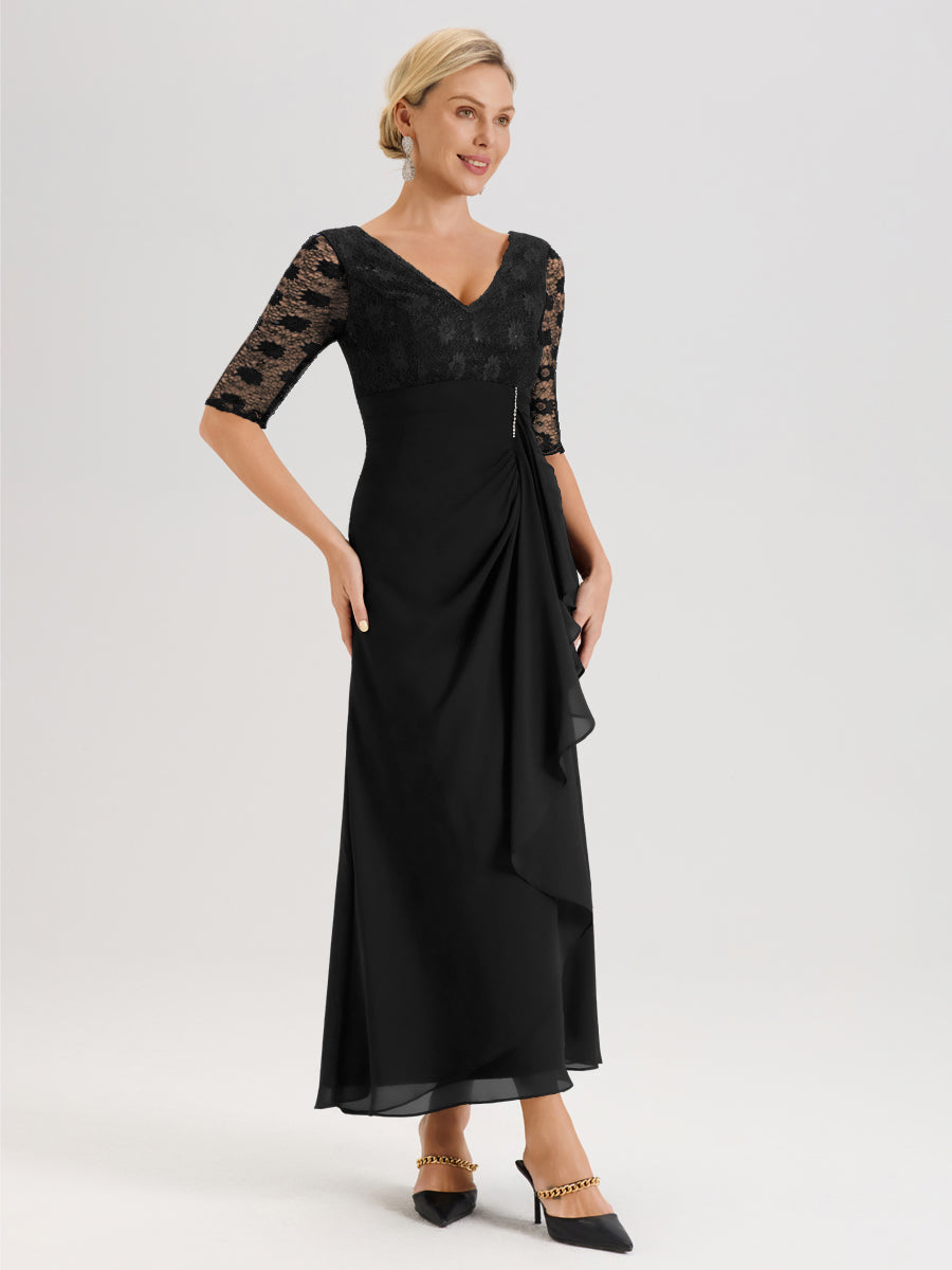 Cicinia Noir Robe De Mère De La Mariée Longue Ligne A En Dentelle Et Mousseline À Décolleté En V Demi-Manches Et Ceinture À Longs Rubans