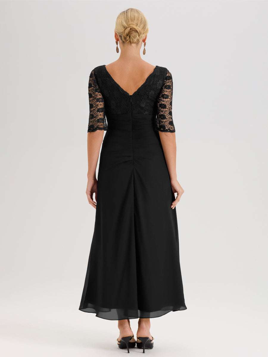Cicinia Noir Robe De Mère De La Mariée Longue Ligne A En Dentelle Et Mousseline À Décolleté En V Demi-Manches Et Ceinture À Longs Rubans