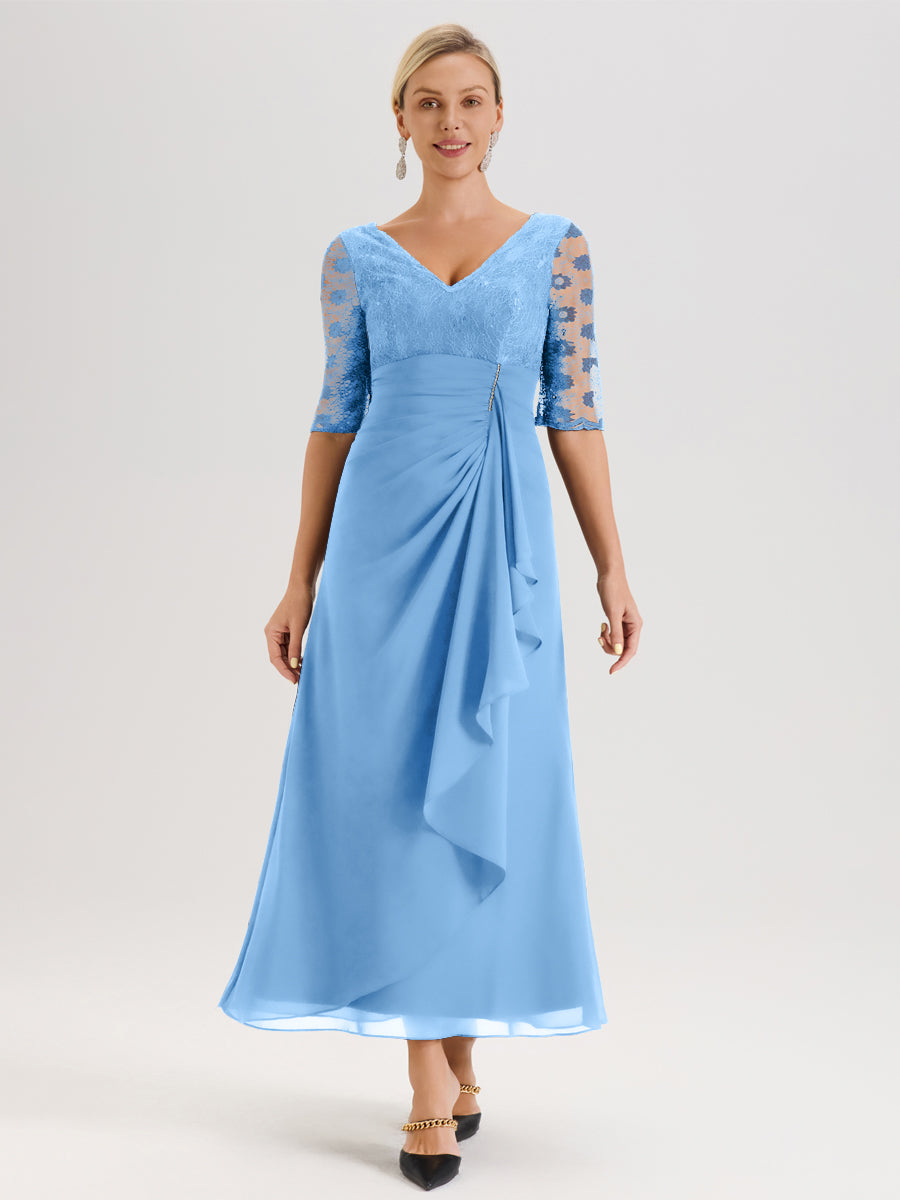 Cicinia Bleu Robe De Mère De La Mariée Longue Ligne A En Dentelle Et Mousseline À Décolleté En V Demi-Manches Et Ceinture À Longs Rubans