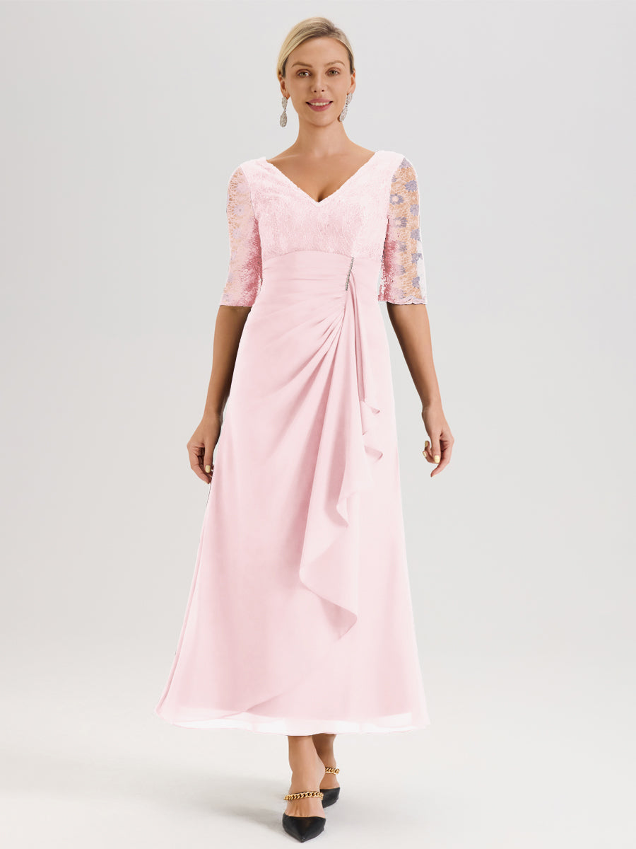 Cicinia Rose Pâle Robe De Mère De La Mariée Longue Ligne A En Dentelle Et Mousseline À Décolleté En V Demi-Manches Et Ceinture À Longs Rubans