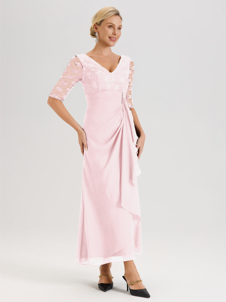 Cicinia Rose Pâle Robe De Mère De La Mariée Longue Ligne A En Dentelle Et Mousseline À Décolleté En V Demi-Manches Et Ceinture À Longs Rubans