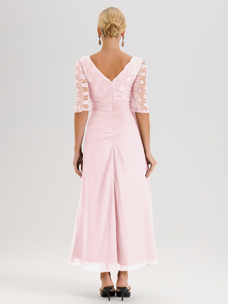 Cicinia Rose Pâle Robe De Mère De La Mariée Longue Ligne A En Dentelle Et Mousseline À Décolleté En V Demi-Manches Et Ceinture À Longs Rubans