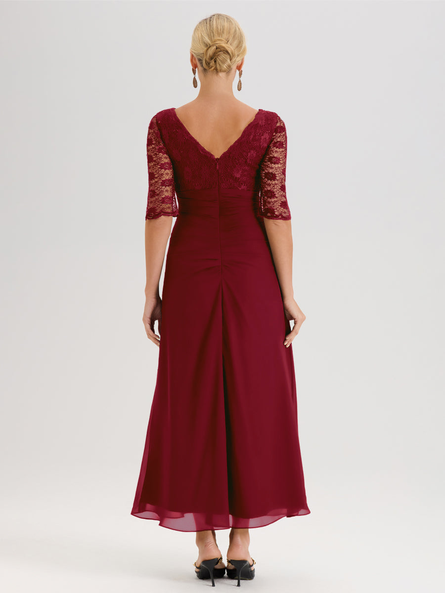 Cicinia Bordeaux Robe De Mère De La Mariée Longue Ligne A En Dentelle Et Mousseline À Décolleté En V Demi-Manches Et Ceinture À Longs Rubans