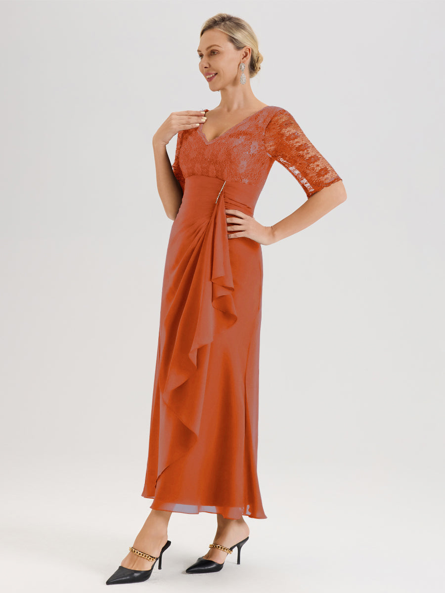 Cicinia Orange Brûlé Robe De Mère De La Mariée Longue Ligne A En Dentelle Et Mousseline À Décolleté En V Demi-Manches Et Ceinture À Longs Rubans