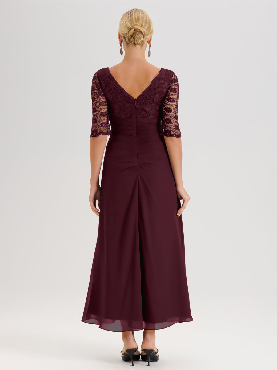 Cicinia Cabernet Robe De Mère De La Mariée Longue Ligne A En Dentelle Et Mousseline À Décolleté En V Demi-Manches Et Ceinture À Longs Rubans