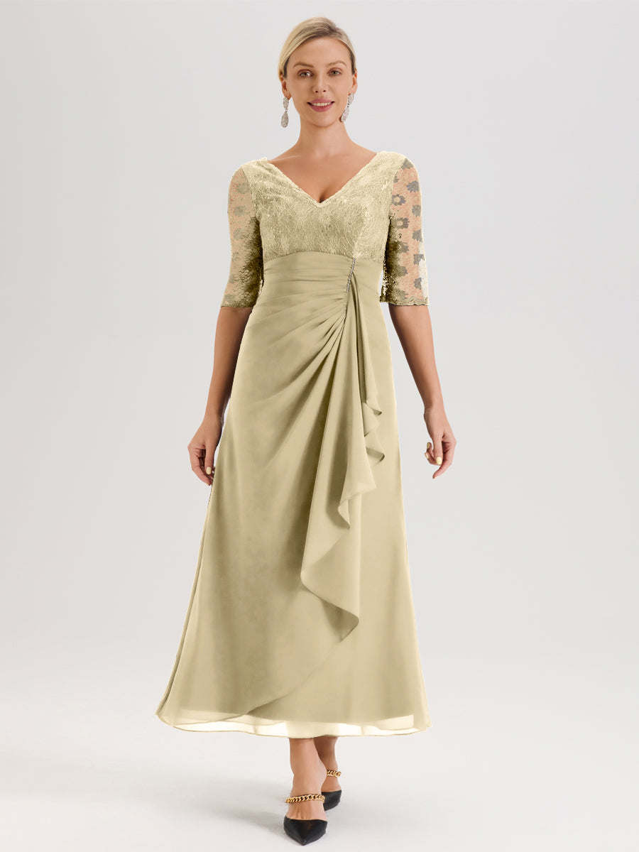 Cicinia Champagne Robe De Mère De La Mariée Longue Ligne A En Dentelle Et Mousseline À Décolleté En V Demi-Manches Et Ceinture À Longs Rubans