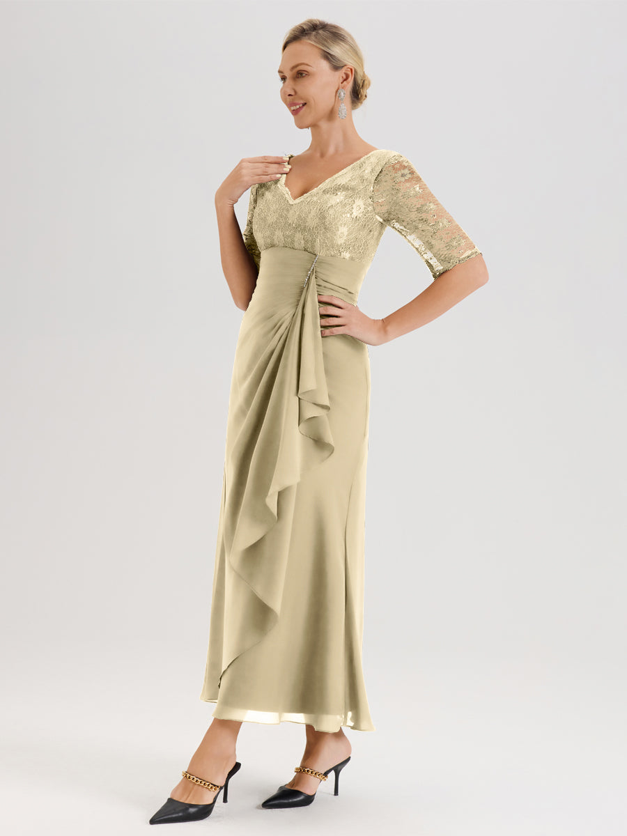 Cicinia Champagne Robe De Mère De La Mariée Longue Ligne A En Dentelle Et Mousseline À Décolleté En V Demi-Manches Et Ceinture À Longs Rubans