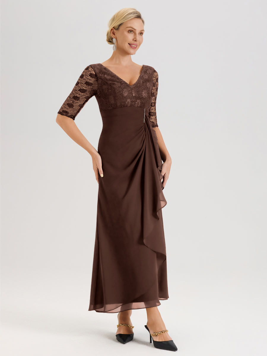 Cicinia Chocolat Robe De Mère De La Mariée Longue Ligne A En Dentelle Et Mousseline À Décolleté En V Demi-Manches Et Ceinture À Longs Rubans
