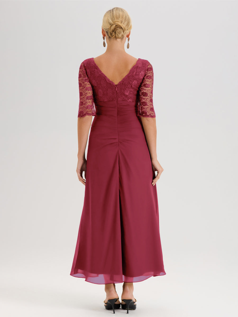Cicinia Rose Cannelle Robe De Mère De La Mariée Longue Ligne A En Dentelle Et Mousseline À Décolleté En V Demi-Manches Et Ceinture À Longs Rubans