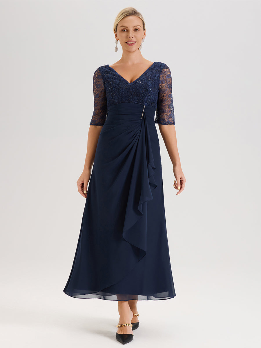 Cicinia Bleu Marine Robe De Mère De La Mariée Longue Ligne A En Dentelle Et Mousseline À Décolleté En V Demi-Manches Et Ceinture À Longs Rubans