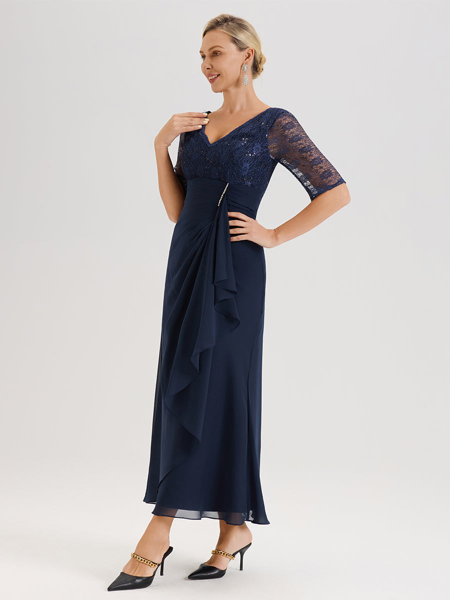 Cicinia Bleu Marine Robe De Mère De La Mariée Longue Ligne A En Dentelle Et Mousseline À Décolleté En V Demi-Manches Et Ceinture À Longs Rubans