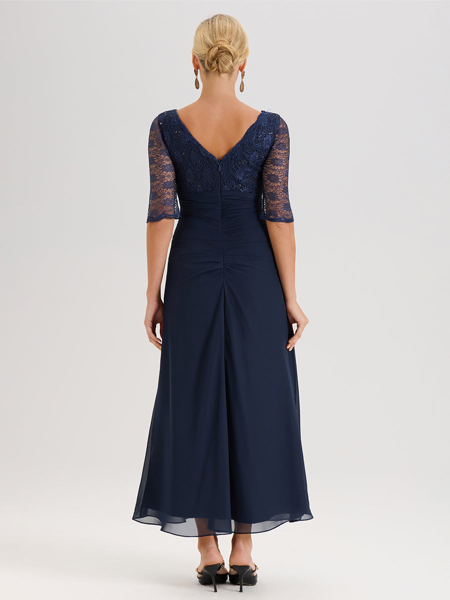 Cicinia Bleu Marine Robe De Mère De La Mariée Longue Ligne A En Dentelle Et Mousseline À Décolleté En V Demi-Manches Et Ceinture À Longs Rubans