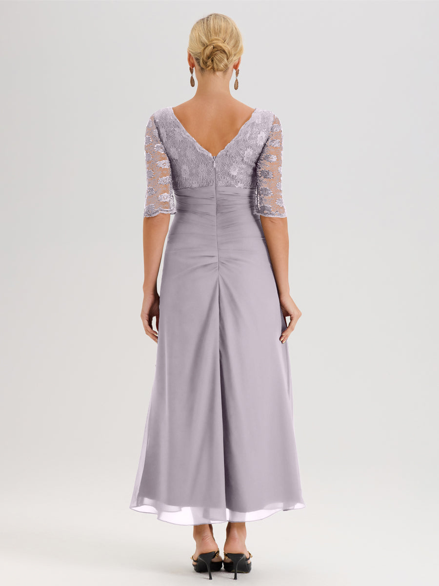 Cicinia Crépuscule Robe De Mère De La Mariée Longue Ligne A En Dentelle Et Mousseline À Décolleté En V Demi-Manches Et Ceinture À Longs Rubans