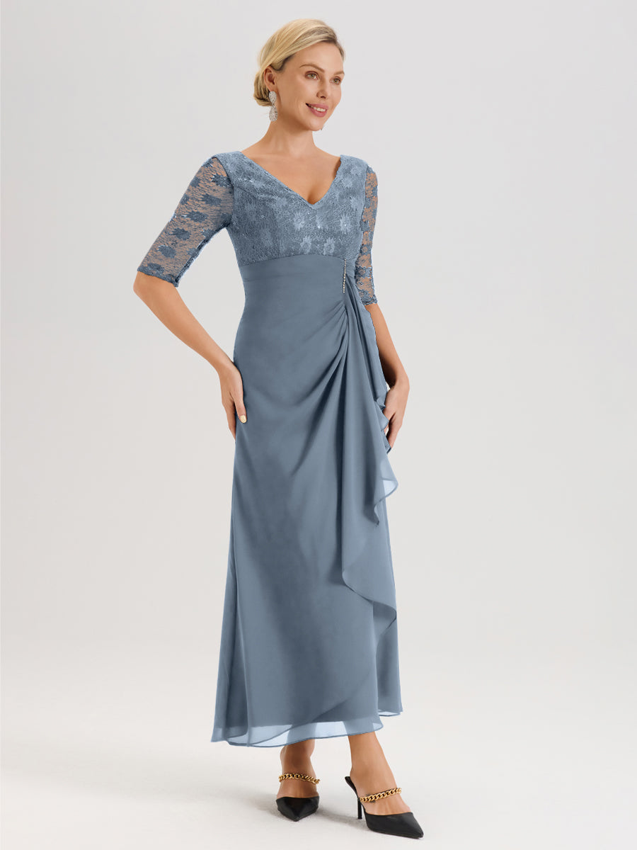Cicinia Bleu Poudré Robe De Mère De La Mariée Longue Ligne A En Dentelle Et Mousseline À Décolleté En V Demi-Manches Et Ceinture À Longs Rubans