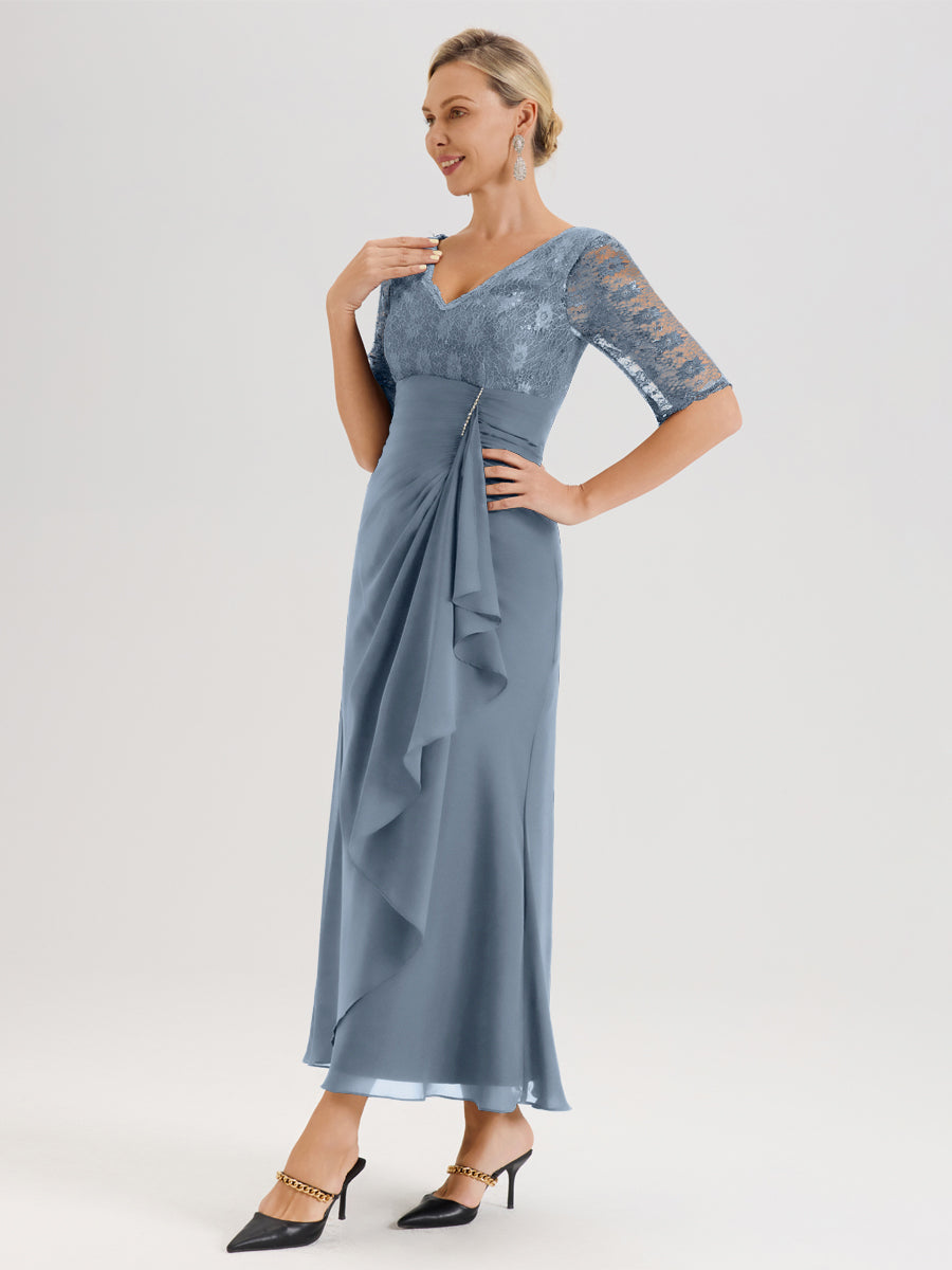 Cicinia Bleu Poudré Robe De Mère De La Mariée Longue Ligne A En Dentelle Et Mousseline À Décolleté En V Demi-Manches Et Ceinture À Longs Rubans