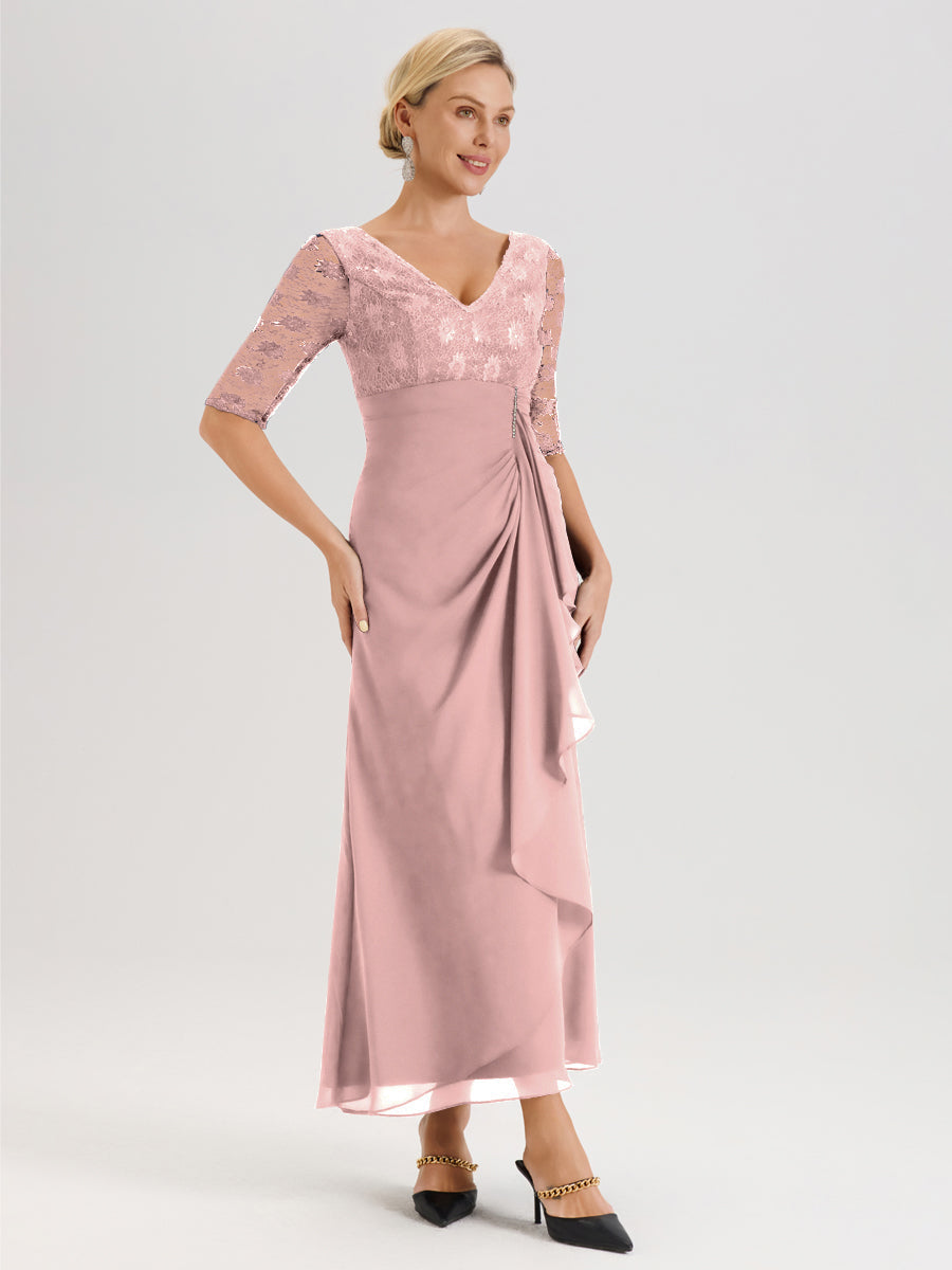 Cicinia Rose Poudré Robe De Mère De La Mariée Longue Ligne A En Dentelle Et Mousseline À Décolleté En V Demi-Manches Et Ceinture À Longs Rubans