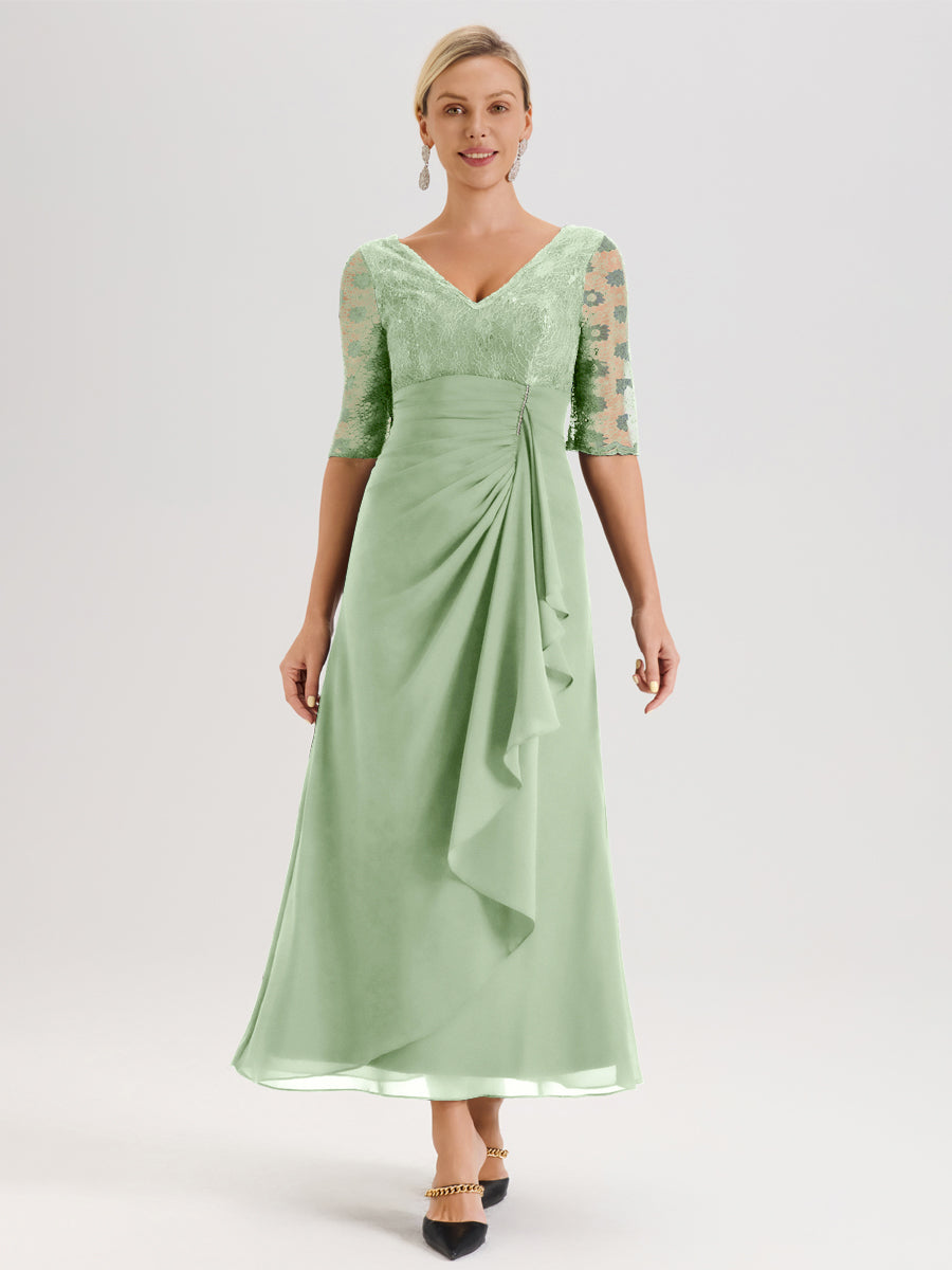 Cicinia Sauge Poudrée Robe De Mère De La Mariée Longue Ligne A En Dentelle Et Mousseline À Décolleté En V Demi-Manches Et Ceinture À Longs Rubans