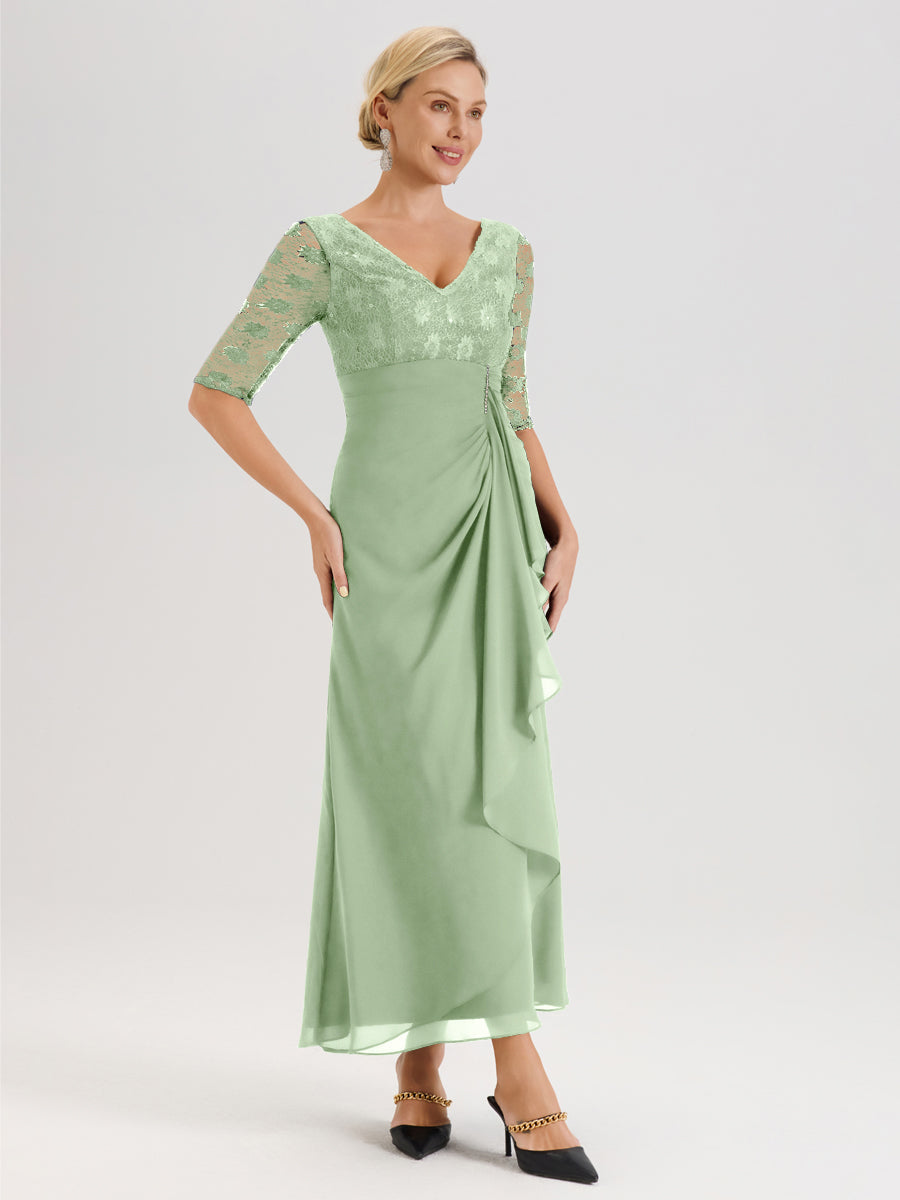 Cicinia Sauge Poudrée Robe De Mère De La Mariée Longue Ligne A En Dentelle Et Mousseline À Décolleté En V Demi-Manches Et Ceinture À Longs Rubans