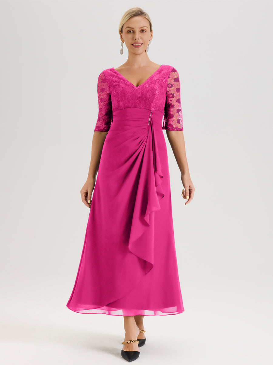 Cicinia Fuchsia Robe De Mère De La Mariée Longue Ligne A En Dentelle Et Mousseline À Décolleté En V Demi-Manches Et Ceinture À Longs Rubans