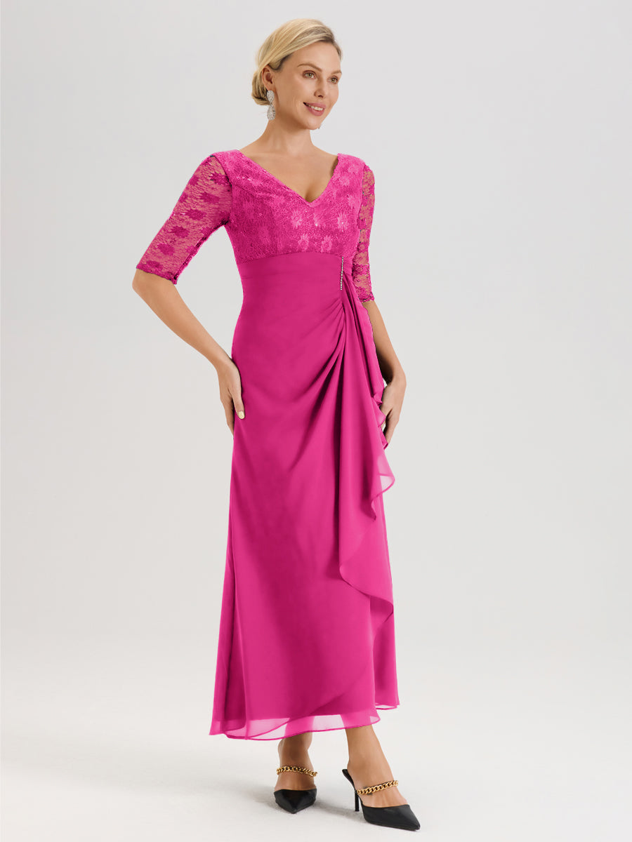 Cicinia Fuchsia Robe De Mère De La Mariée Longue Ligne A En Dentelle Et Mousseline À Décolleté En V Demi-Manches Et Ceinture À Longs Rubans
