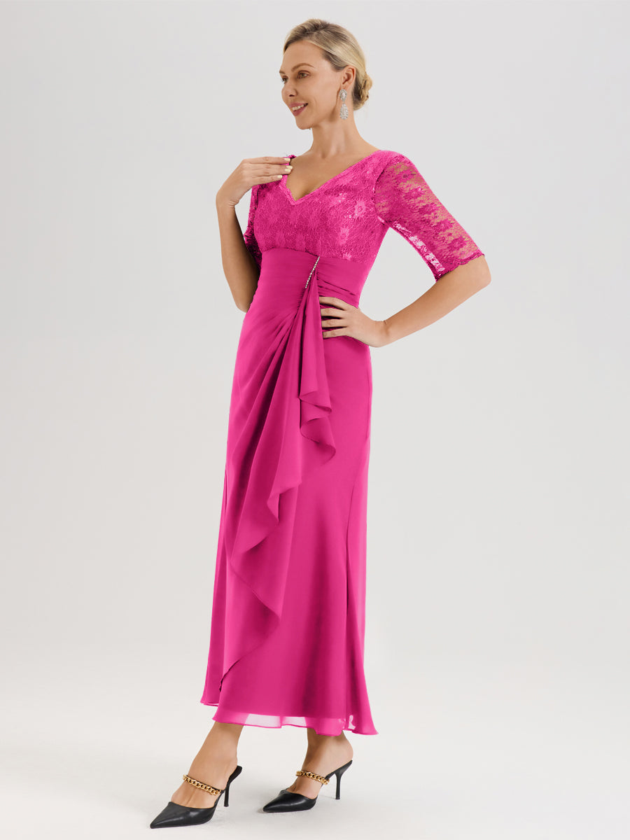 Cicinia Fuchsia Robe De Mère De La Mariée Longue Ligne A En Dentelle Et Mousseline À Décolleté En V Demi-Manches Et Ceinture À Longs Rubans