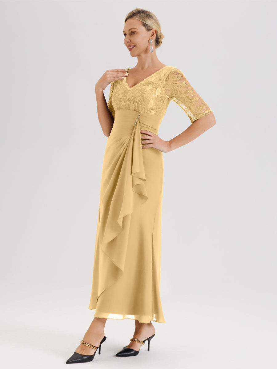 Cicinia Or Robe De Mère De La Mariée Longue Ligne A En Dentelle Et Mousseline À Décolleté En V Demi-Manches Et Ceinture À Longs Rubans