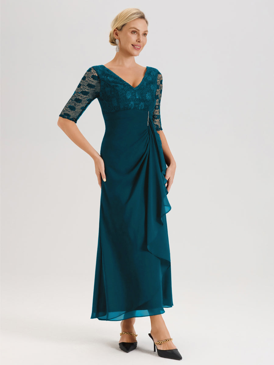 Cicinia Bleu Encre Robe De Mère De La Mariée Longue Ligne A En Dentelle Et Mousseline À Décolleté En V Demi-Manches Et Ceinture À Longs Rubans