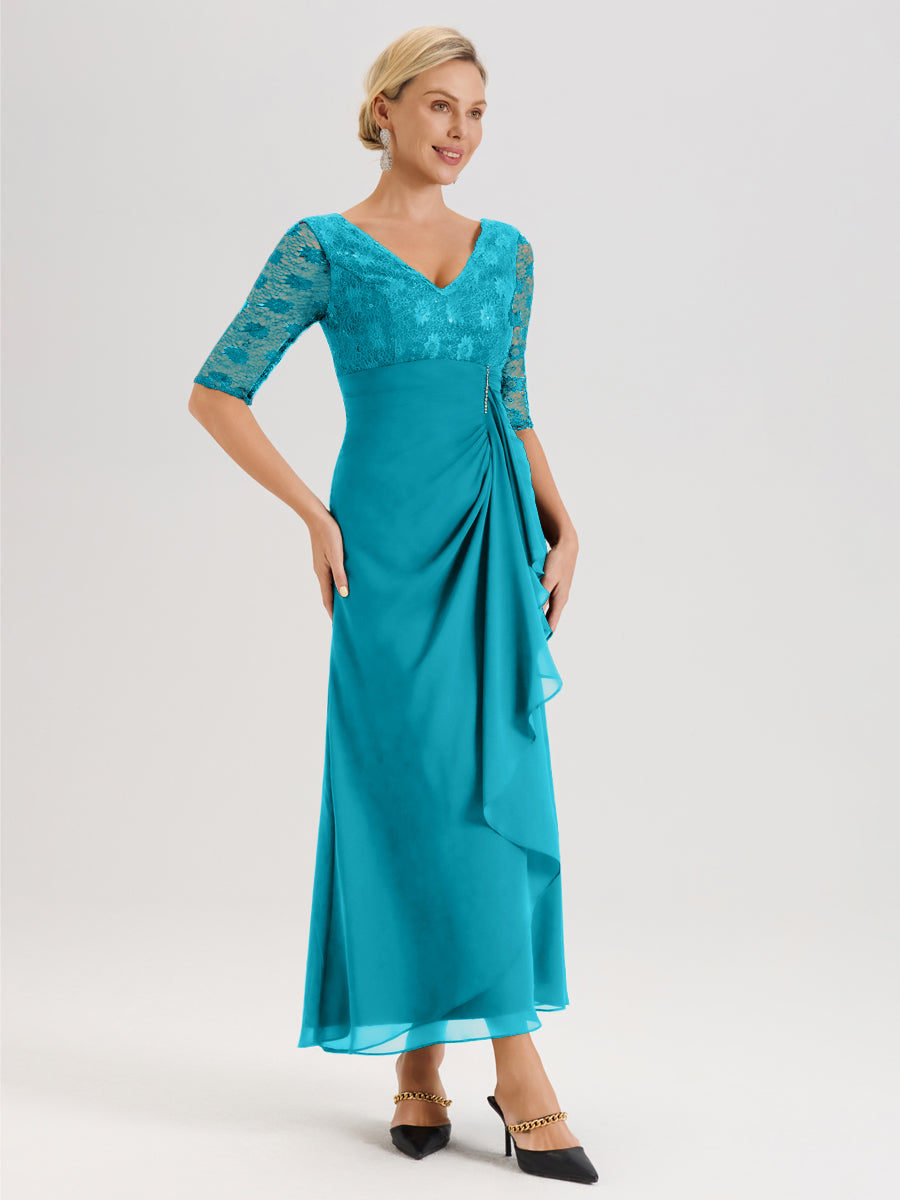 Cicinia Jade Robe De Mère De La Mariée Longue Ligne A En Dentelle Et Mousseline À Décolleté En V Demi-Manches Et Ceinture À Longs Rubans