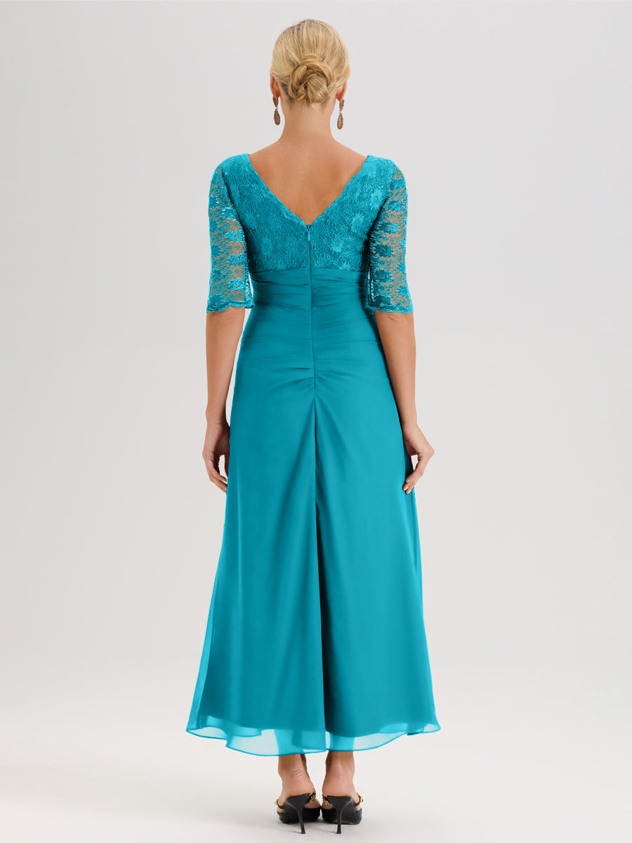 Cicinia Jade Robe De Mère De La Mariée Longue Ligne A En Dentelle Et Mousseline À Décolleté En V Demi-Manches Et Ceinture À Longs Rubans